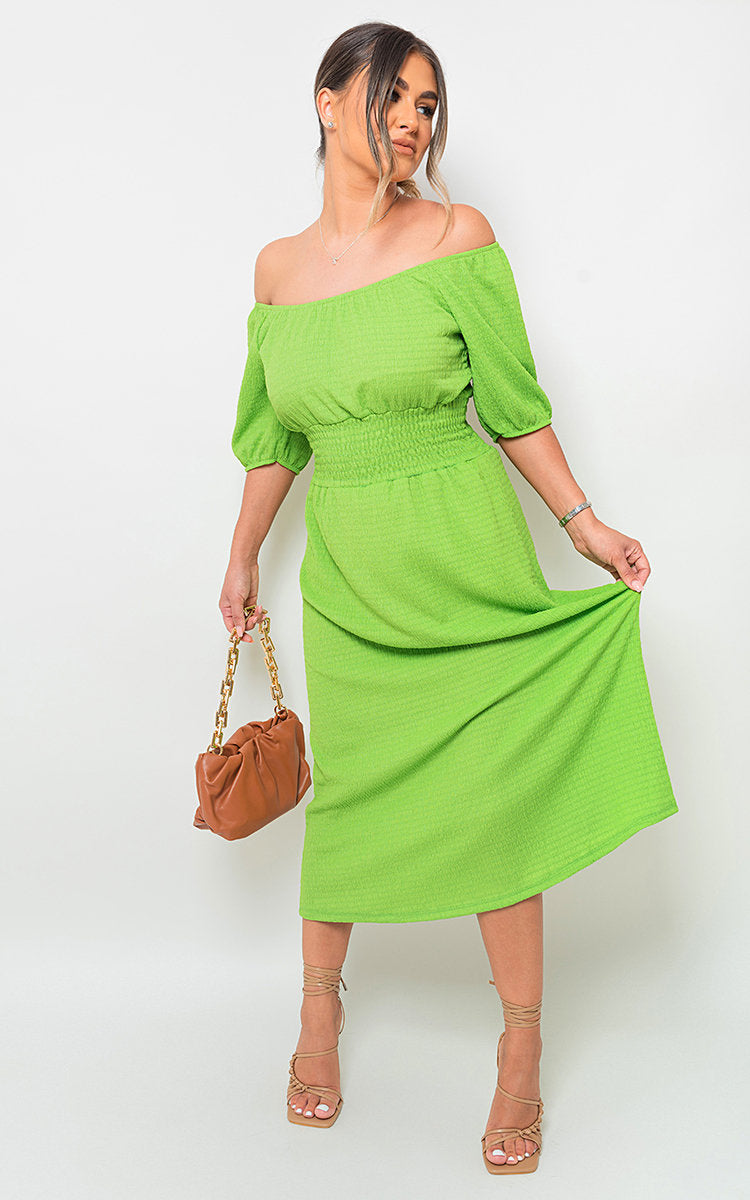 Off Shoulder Shirred Waist Mini Dress by Moda