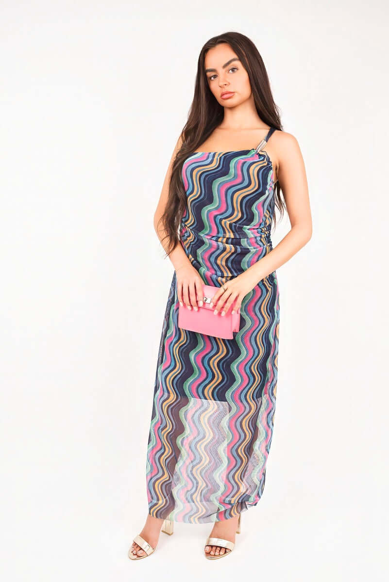 Wavy Print Ruched Mesh Strap Maxi Dress by Moda