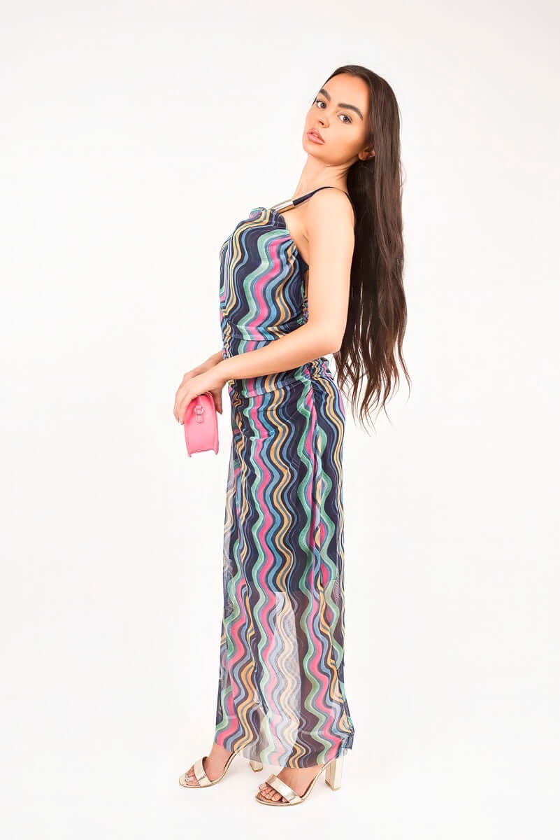 Wavy Print Ruched Mesh Strap Maxi Dress by Moda