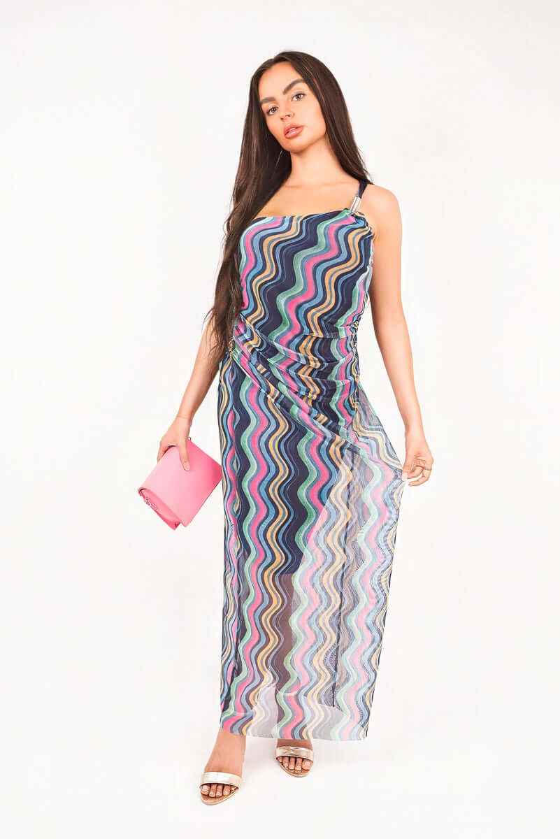 Wavy Print Ruched Mesh Strap Maxi Dress by Moda