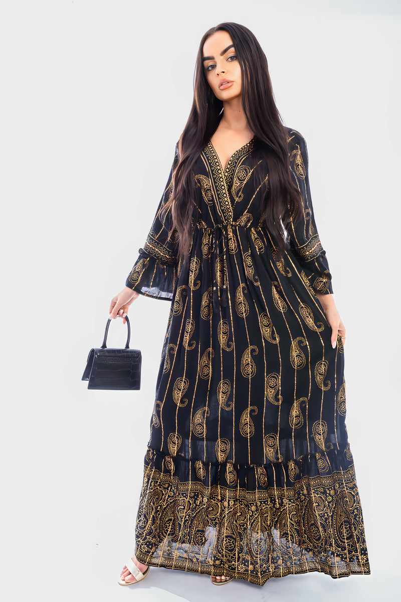 V-neck Printed Boho Maxi Dress