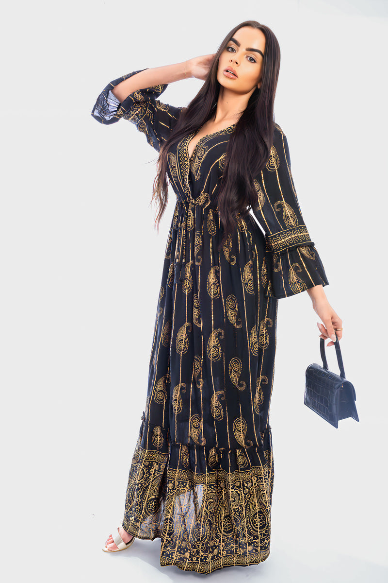 V-neck Printed Boho Maxi Dress