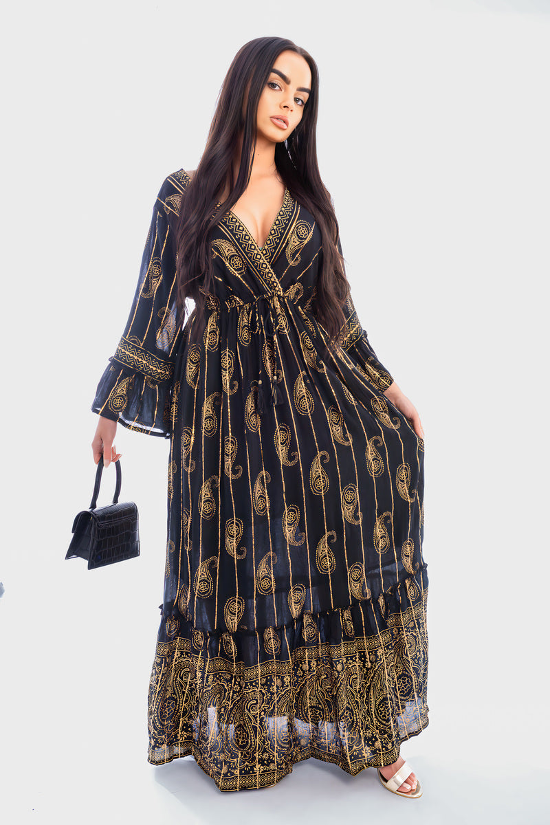 V-neck Printed Boho Maxi Dress
