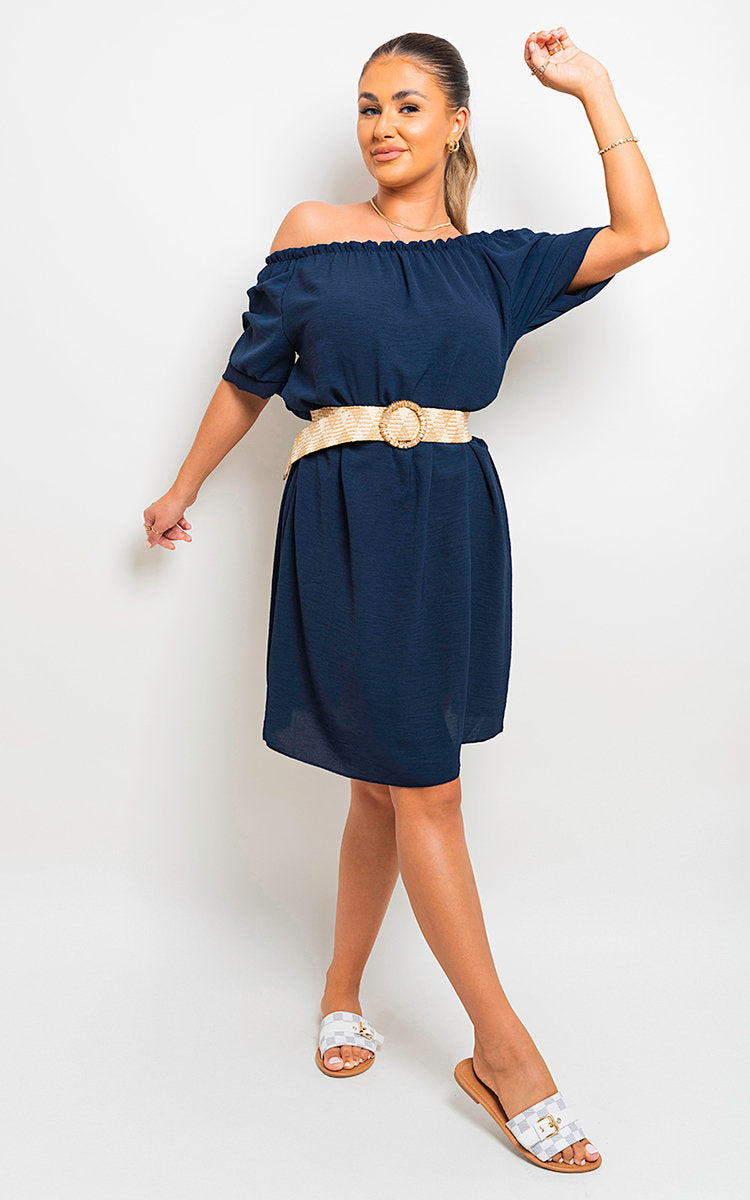 Off Shoulder Belted Mini Dress by Moda