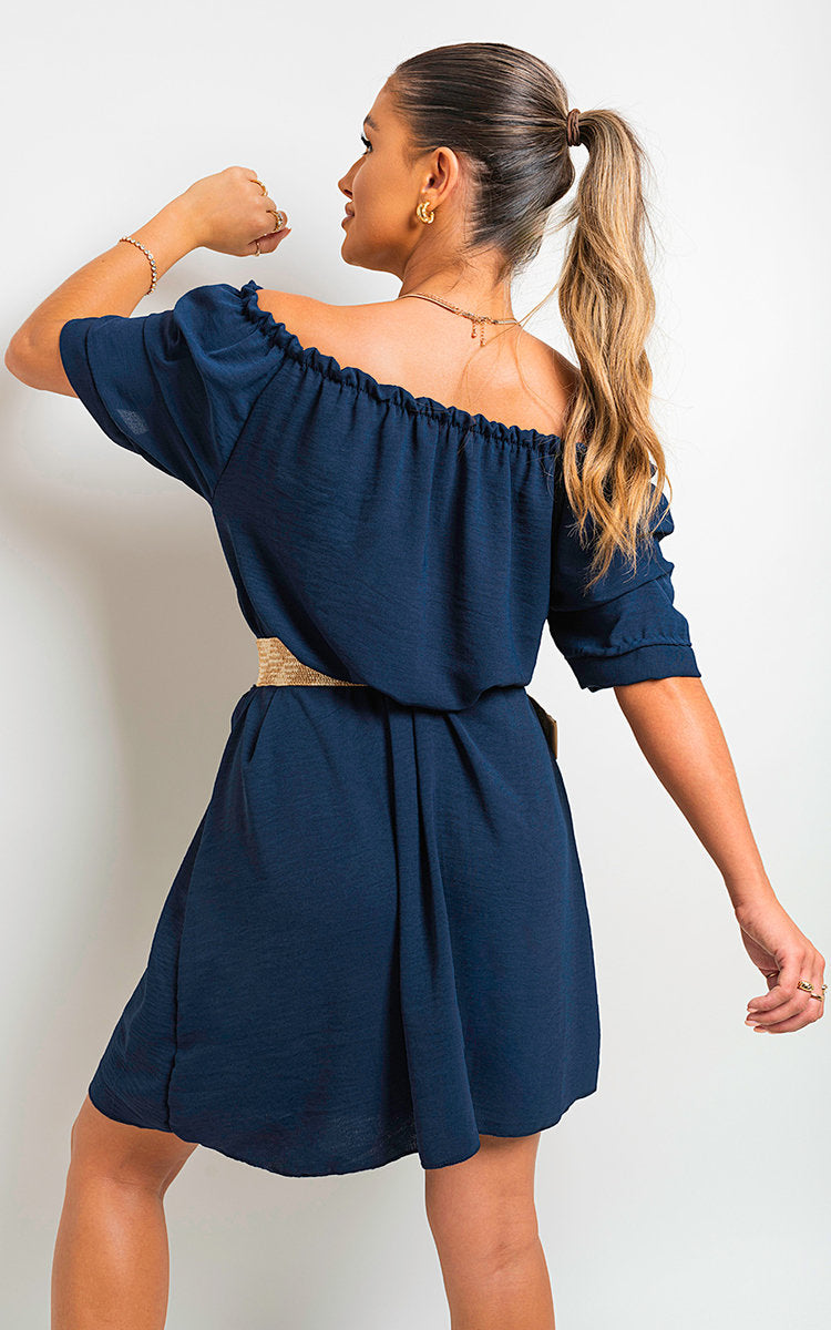 Off Shoulder Belted Mini Dress by Moda