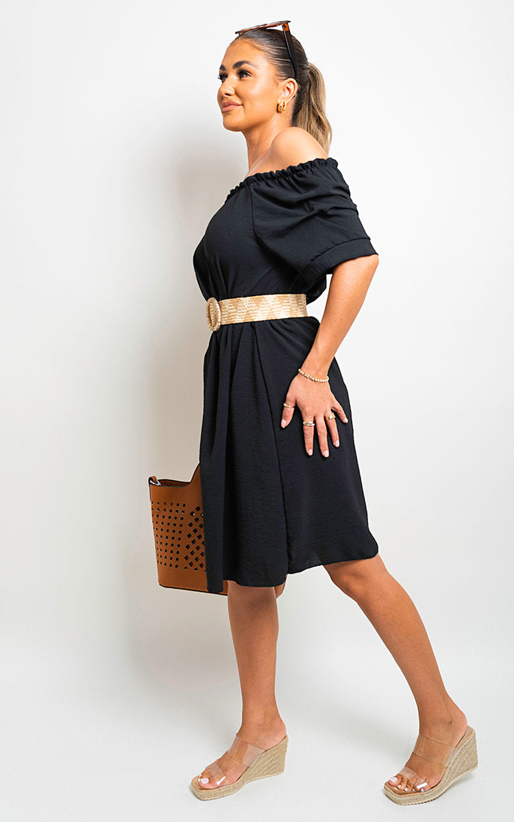 Off Shoulder Belted Mini Dress by Moda