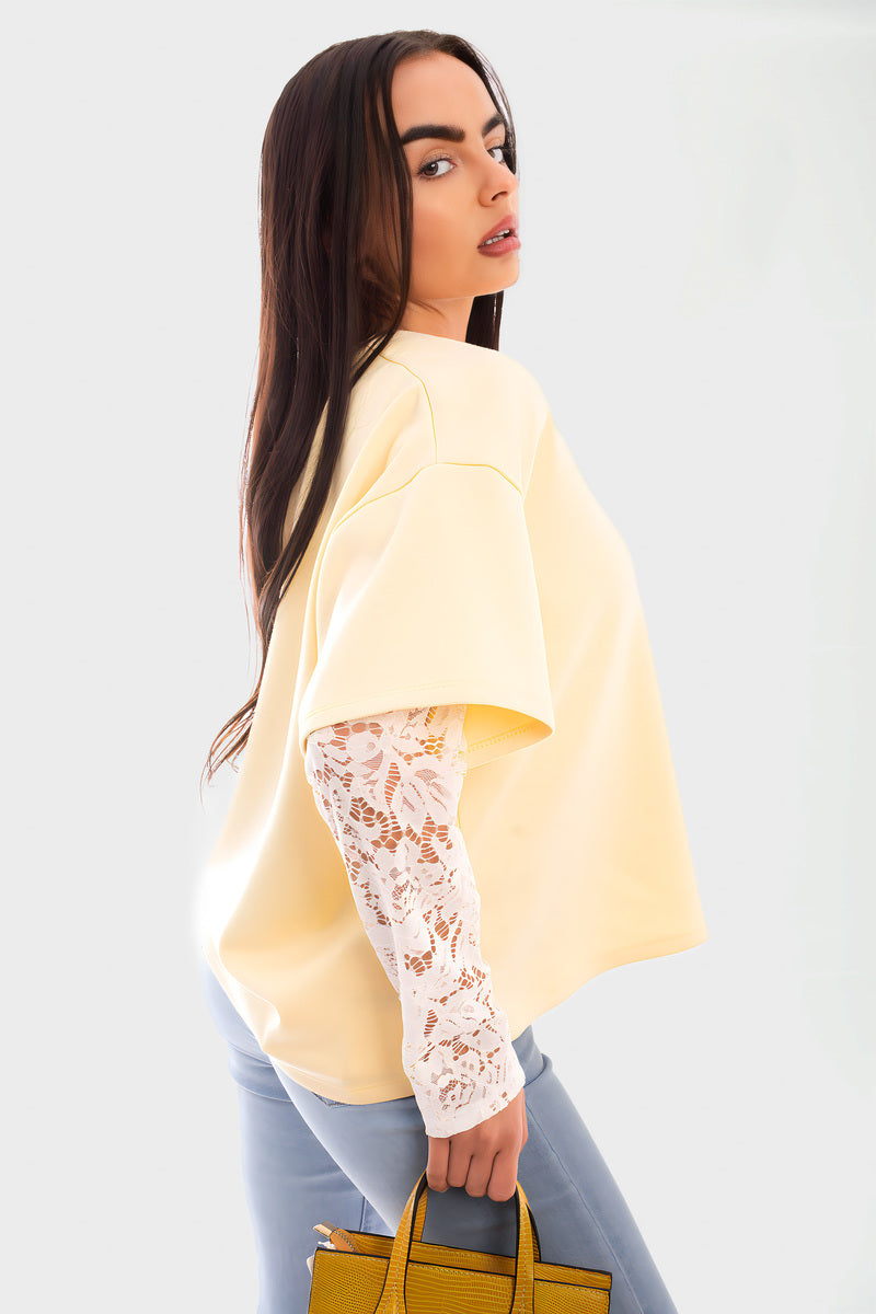 Oversized Long Sleeve Lace Detail Top