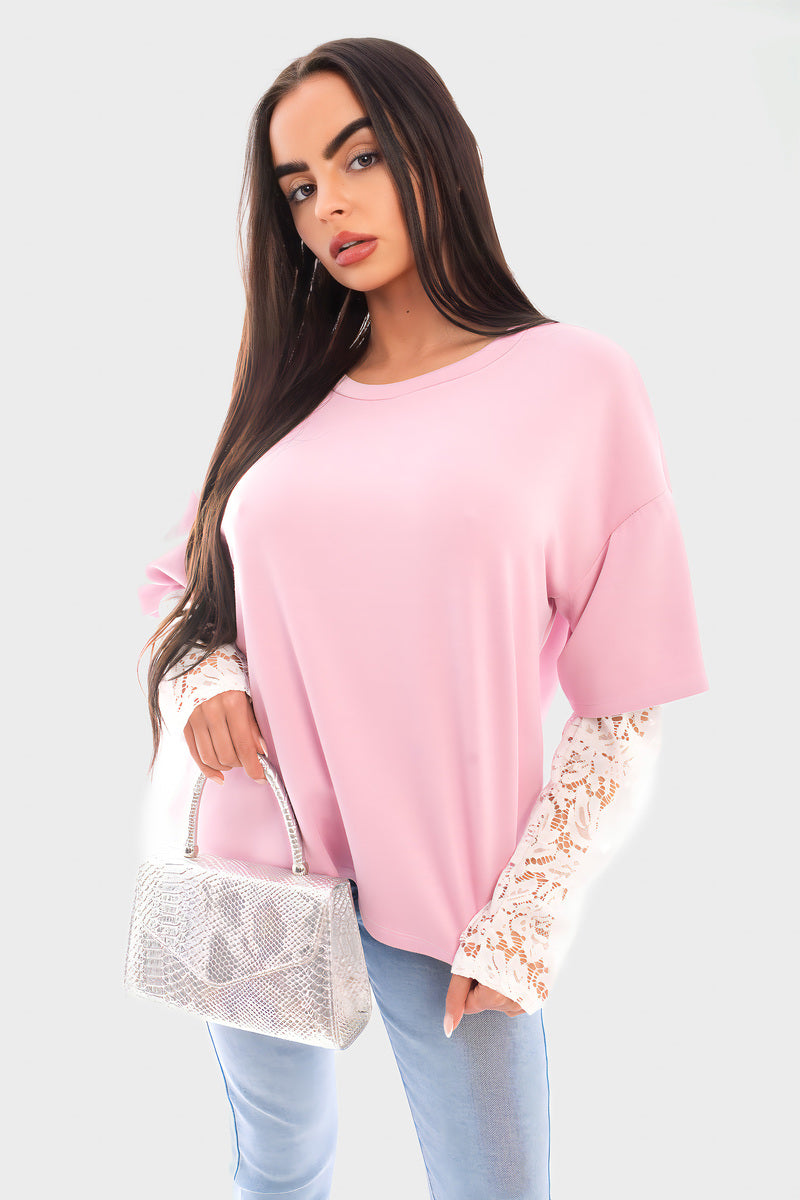 Oversized Long Sleeve Lace Detail Top