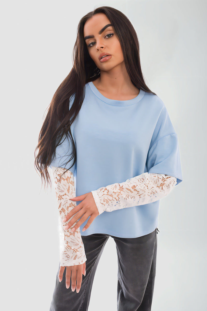Oversized Long Sleeve Lace Detail Top