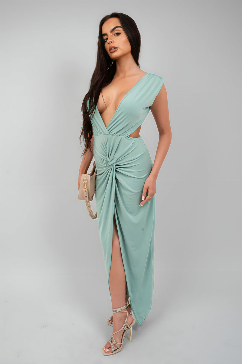 Ruched Backless V Slit Women Bodycon Maxi Dress