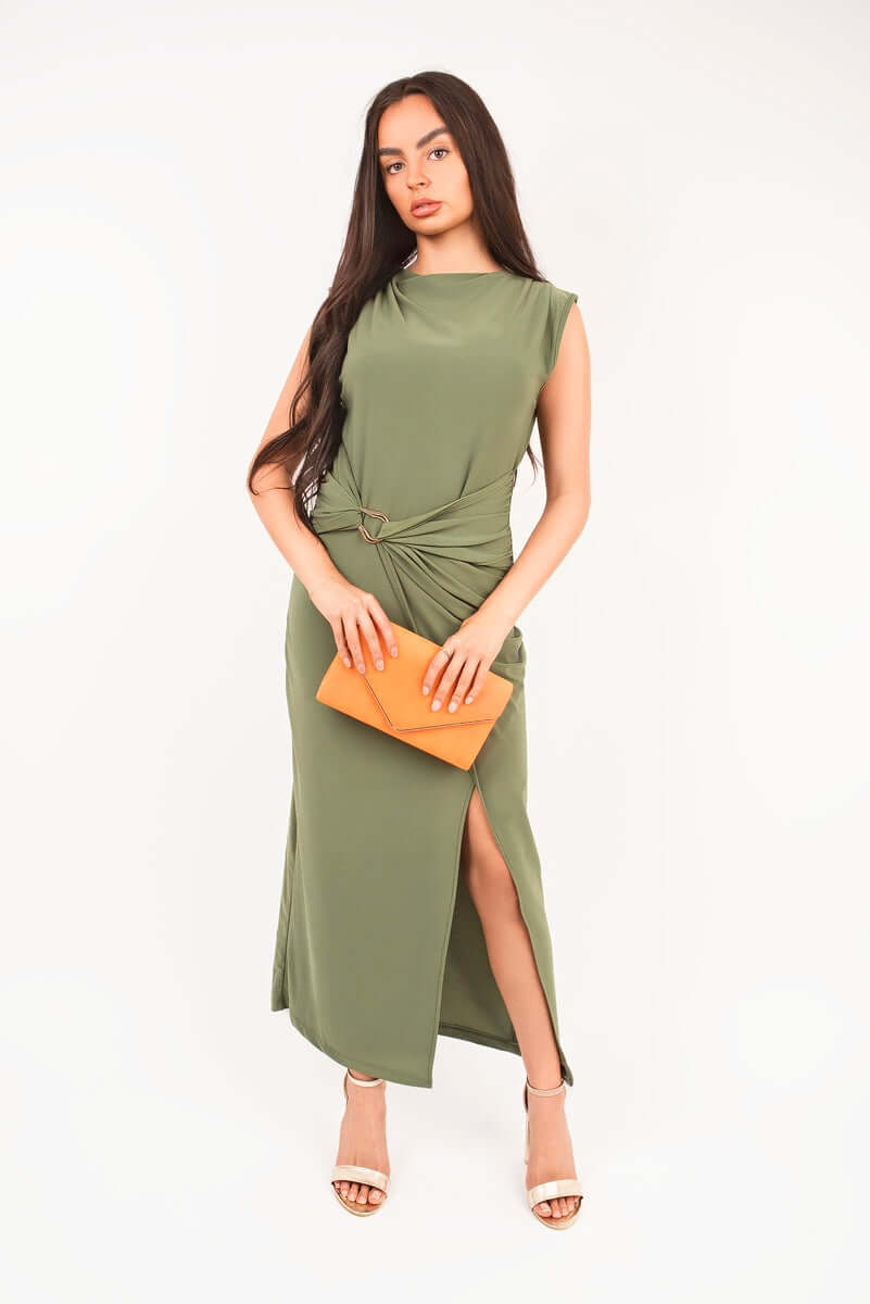 Sleeveless Drape Ring Detail Split Midi Dress by Moda