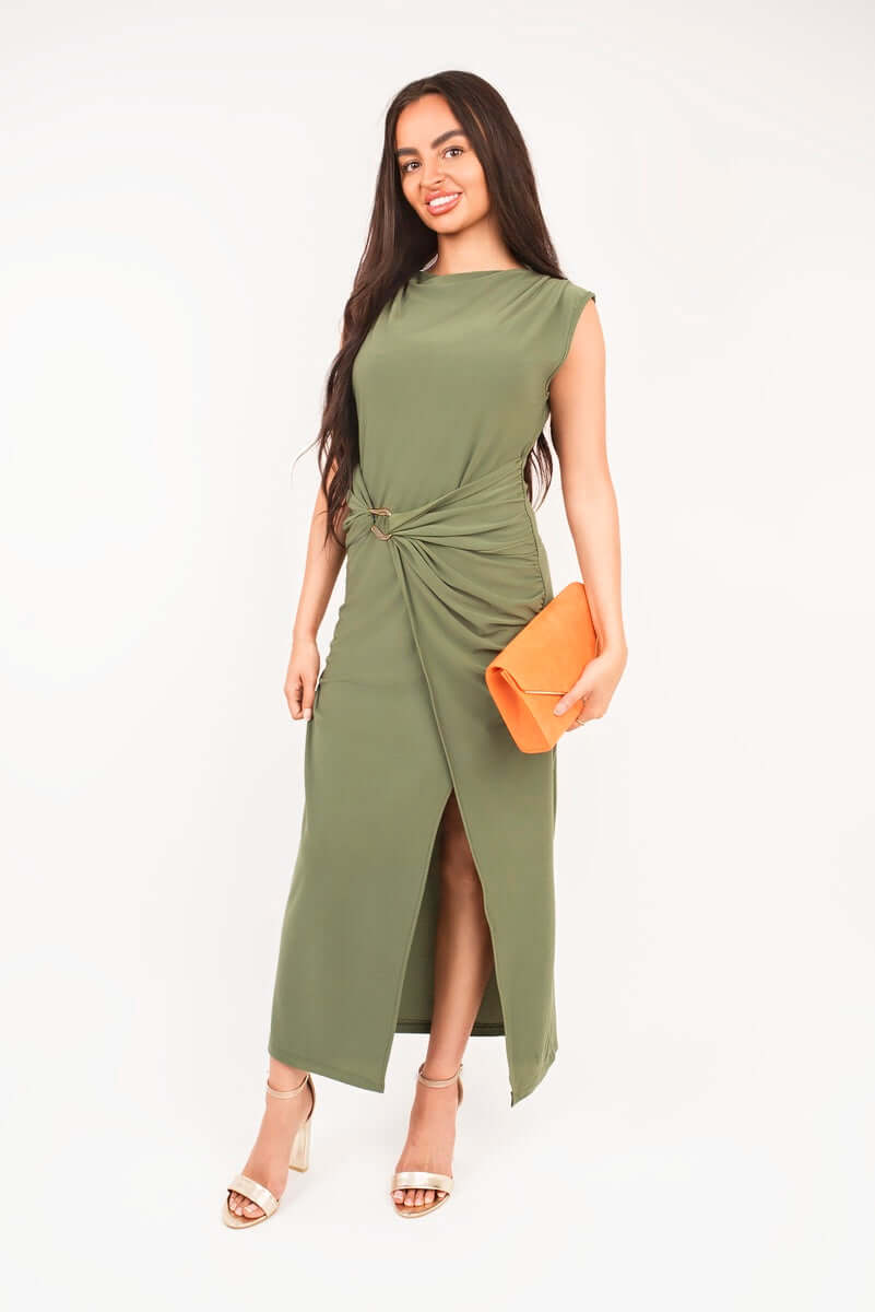 Sleeveless Drape Ring Detail Split Midi Dress by Moda