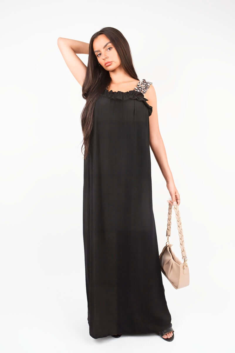 Leopard Strap Sleeveless Maxi Dress with Ruffle Detail by Moda