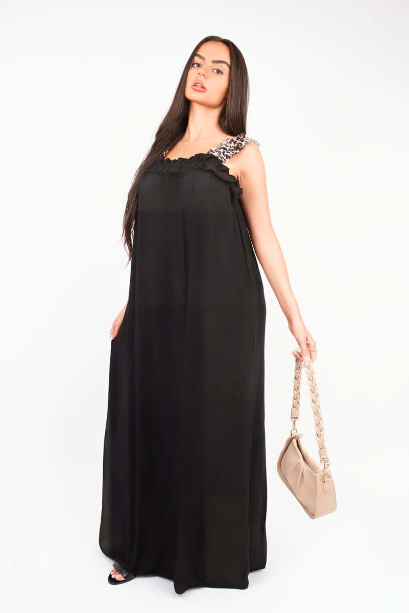 Leopard Strap Sleeveless Maxi Dress with Ruffle Detail by Moda