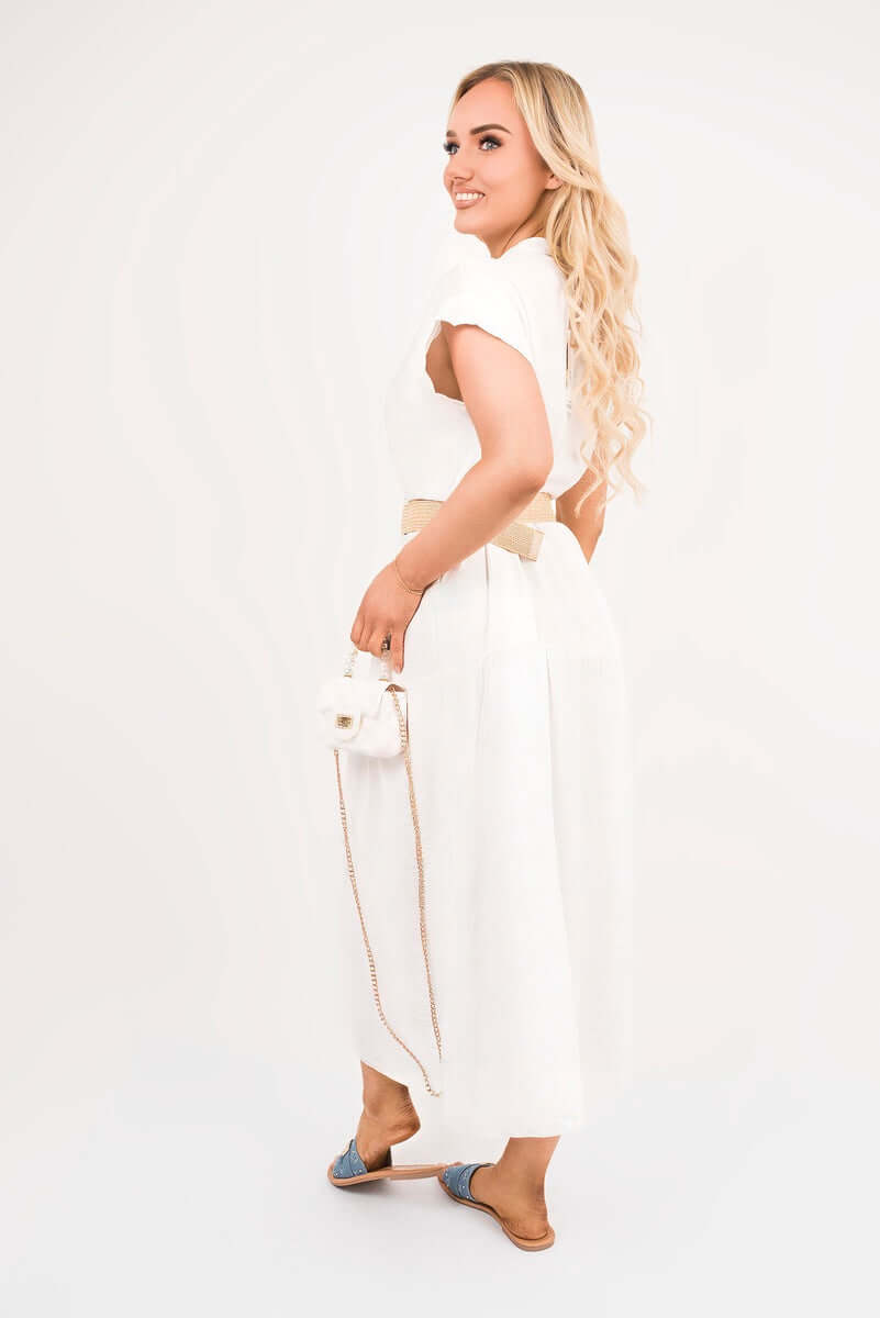 V Neck Short Sleeve Tiered Midi Dress with Belt by Moda