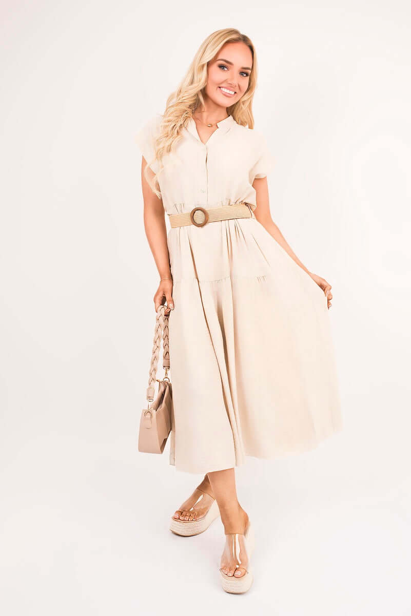 V Neck Short Sleeve Tiered Midi Dress with Belt by Moda