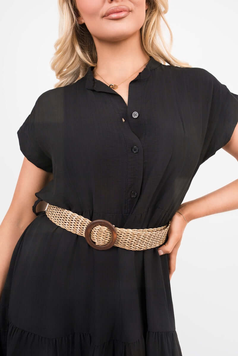 V Neck Short Sleeve Tiered Midi Dress with Belt by Moda