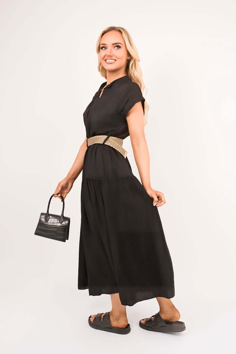 V Neck Short Sleeve Tiered Midi Dress with Belt by Moda