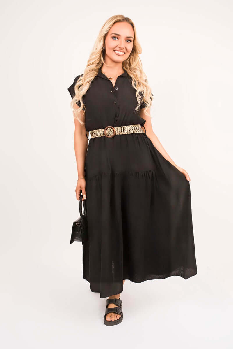 V Neck Short Sleeve Tiered Midi Dress with Belt by Moda