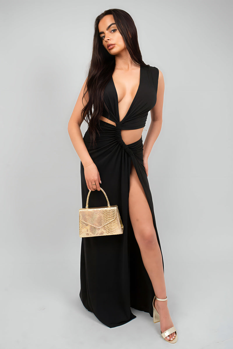 Twist Detail Plunge Split Leg Cut Out Maxi Dress