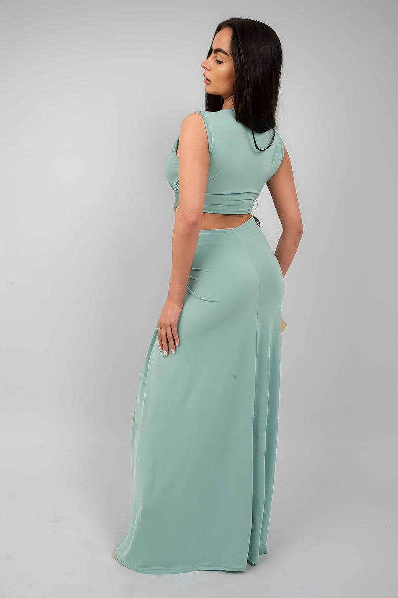 Twist Detail Plunge Split Leg Cut Out Maxi Dress