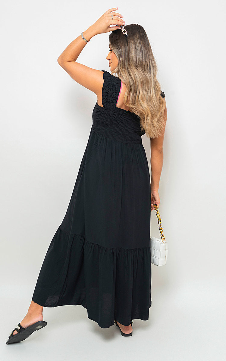 Wide Ruffle Strap Smocked Midi Dress by Moda