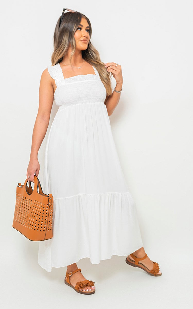 Wide Ruffle Strap Smocked Midi Dress by Moda