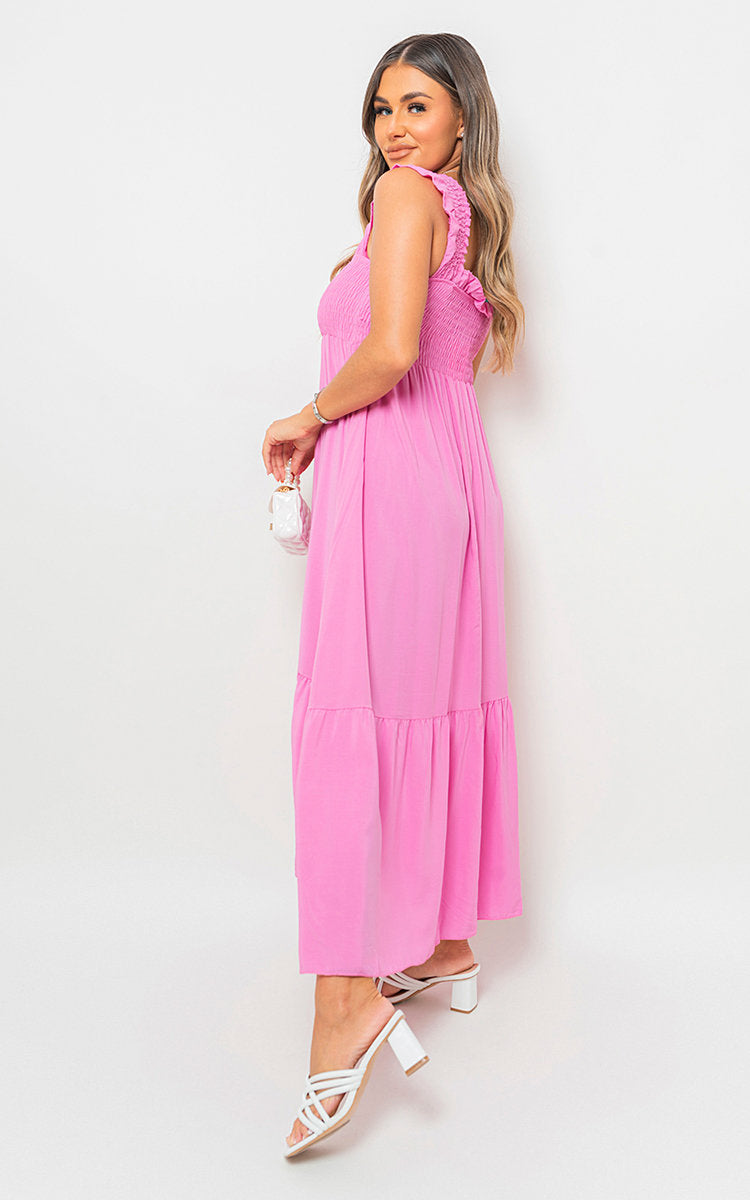 Wide Ruffle Strap Smocked Midi Dress by Moda