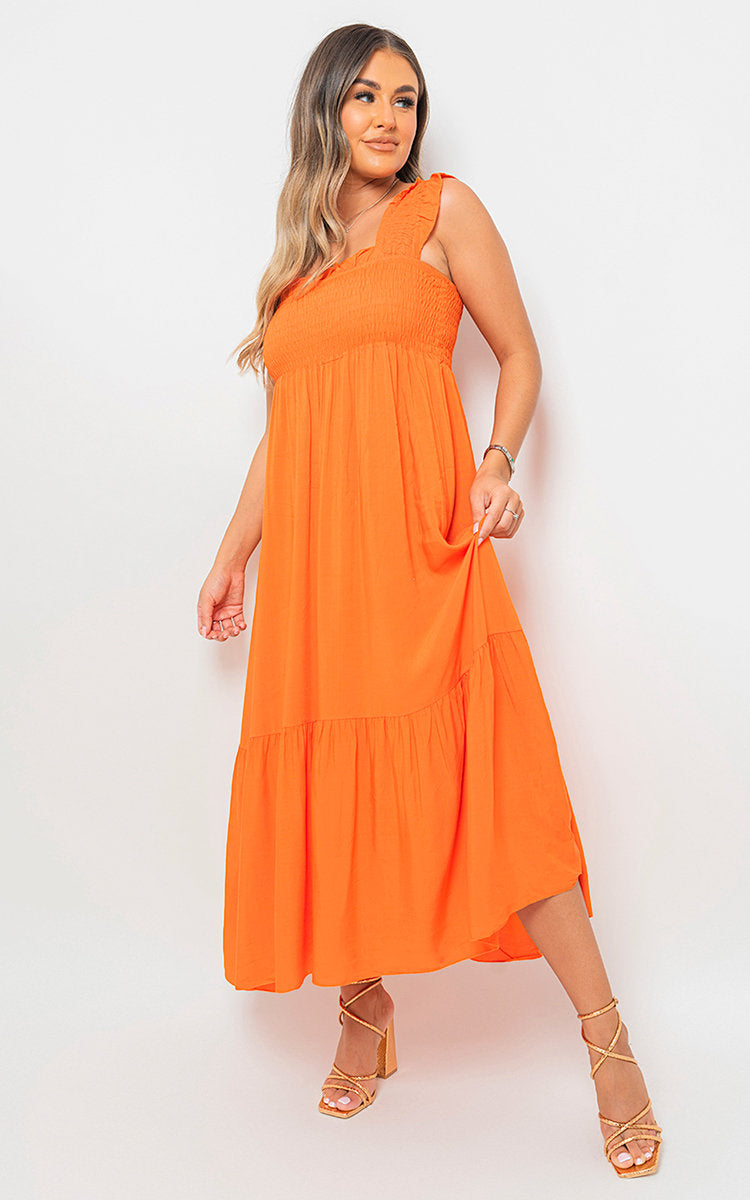 Wide Ruffle Strap Smocked Midi Dress by Moda