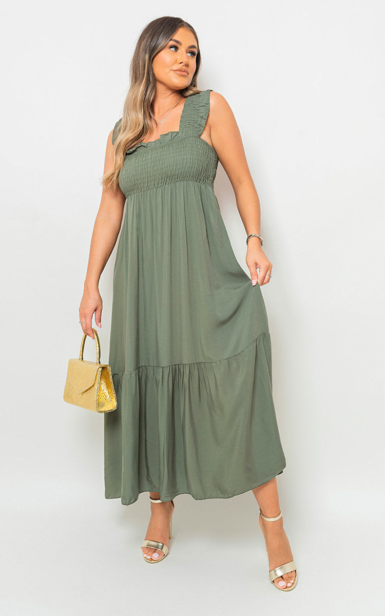Wide Ruffle Strap Smocked Midi Dress by Moda