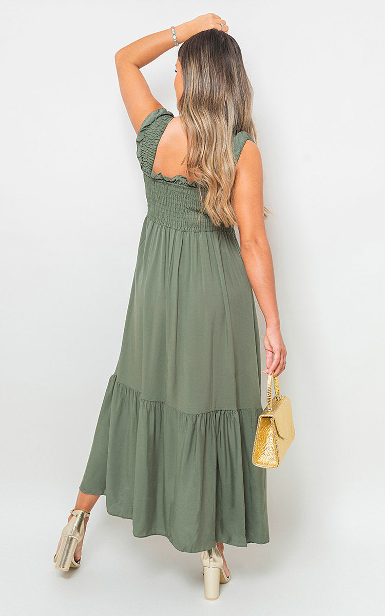 Wide Ruffle Strap Smocked Midi Dress by Moda
