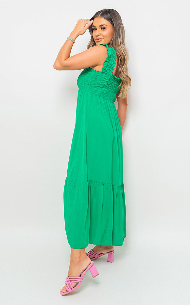 Wide Ruffle Strap Smocked Midi Dress by Moda
