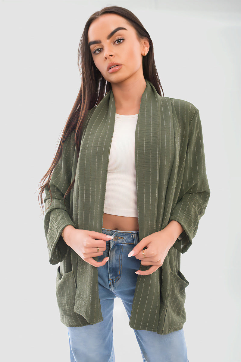 Oversized Striped Long Sleeve Cardigan with Pockets