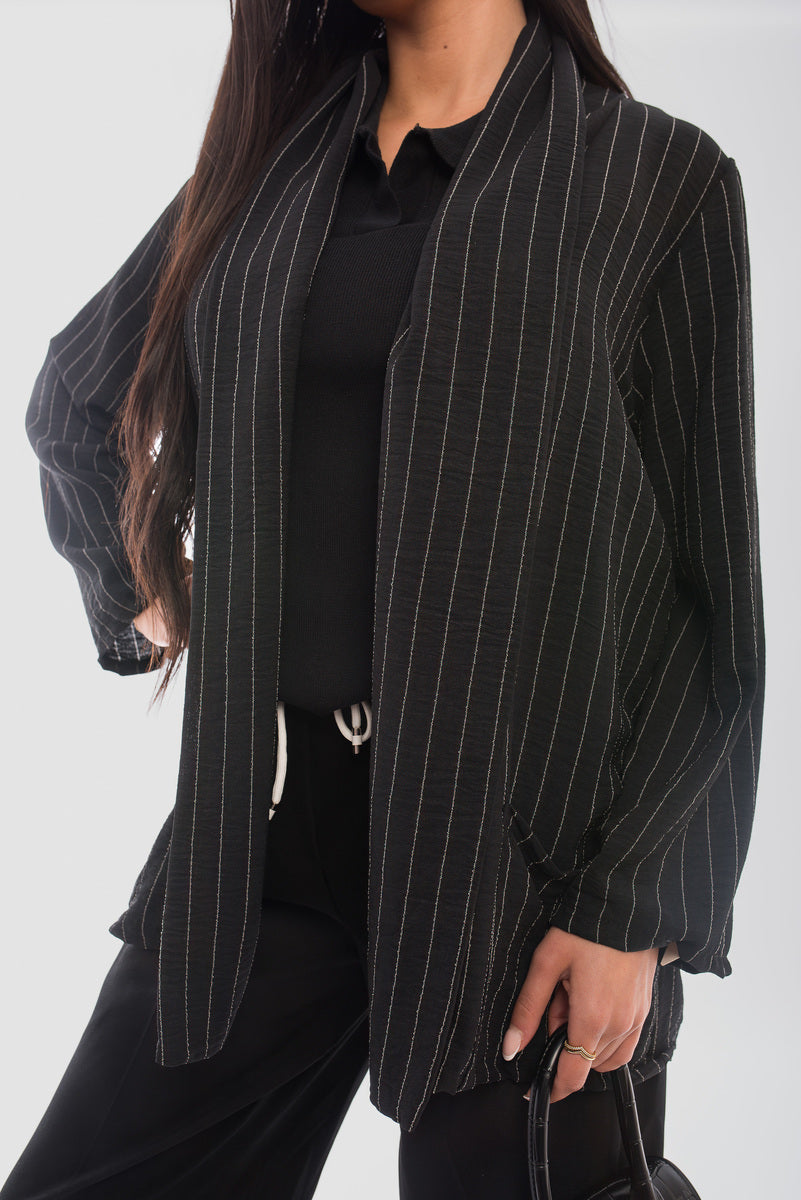 Oversized Striped Long Sleeve Cardigan with Pockets