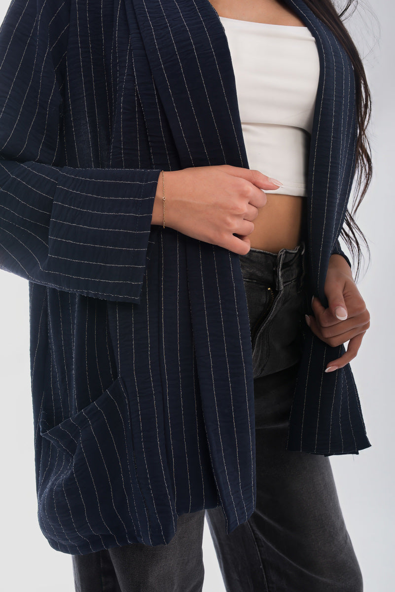 Oversized Striped Long Sleeve Cardigan with Pockets
