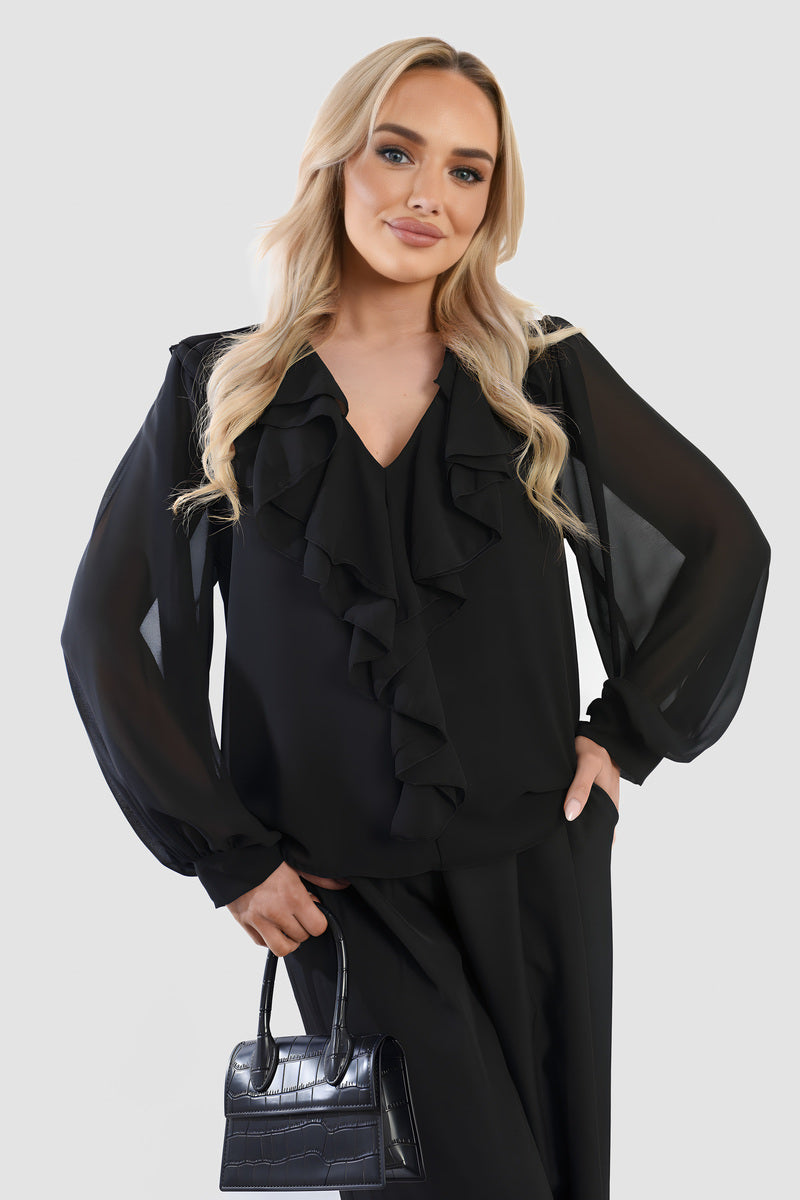 Ruffle Trim Front Long Sleeve Top