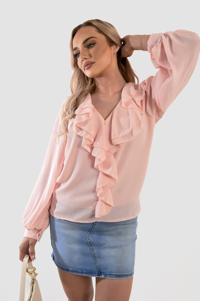 Ruffle Trim Front Long Sleeve Top