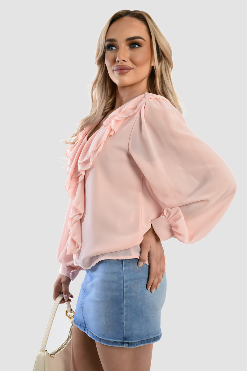 Ruffle Trim Front Long Sleeve Top
