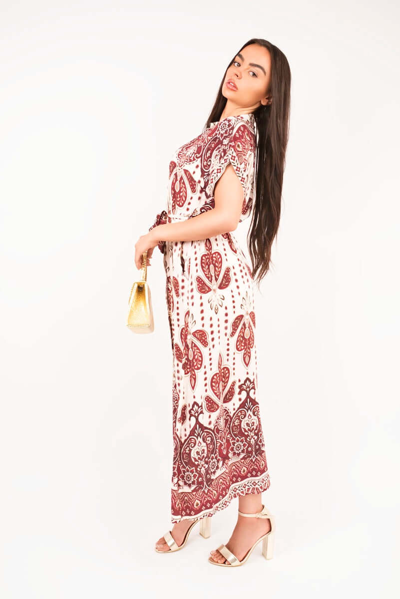 Collared Short Sleeve Midi Dress with Tie Waist by Moda