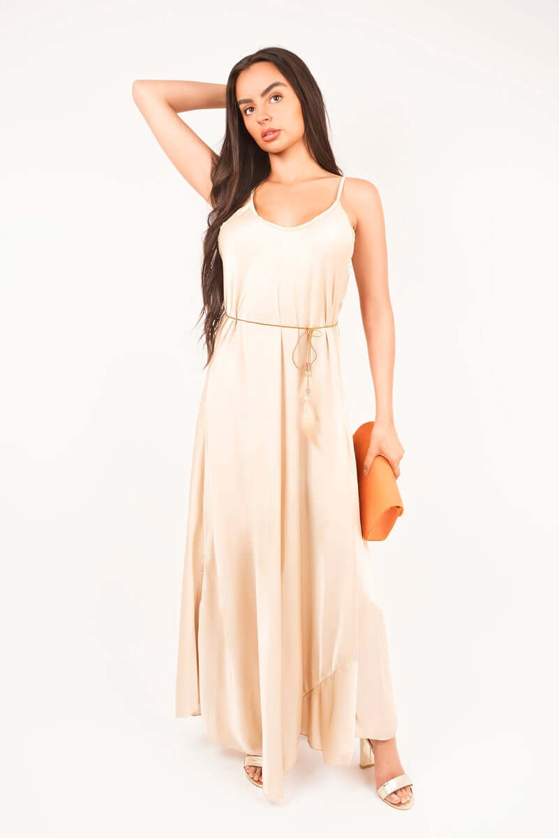Strappy Maxi Dress with Feather Tie Waist by Moda