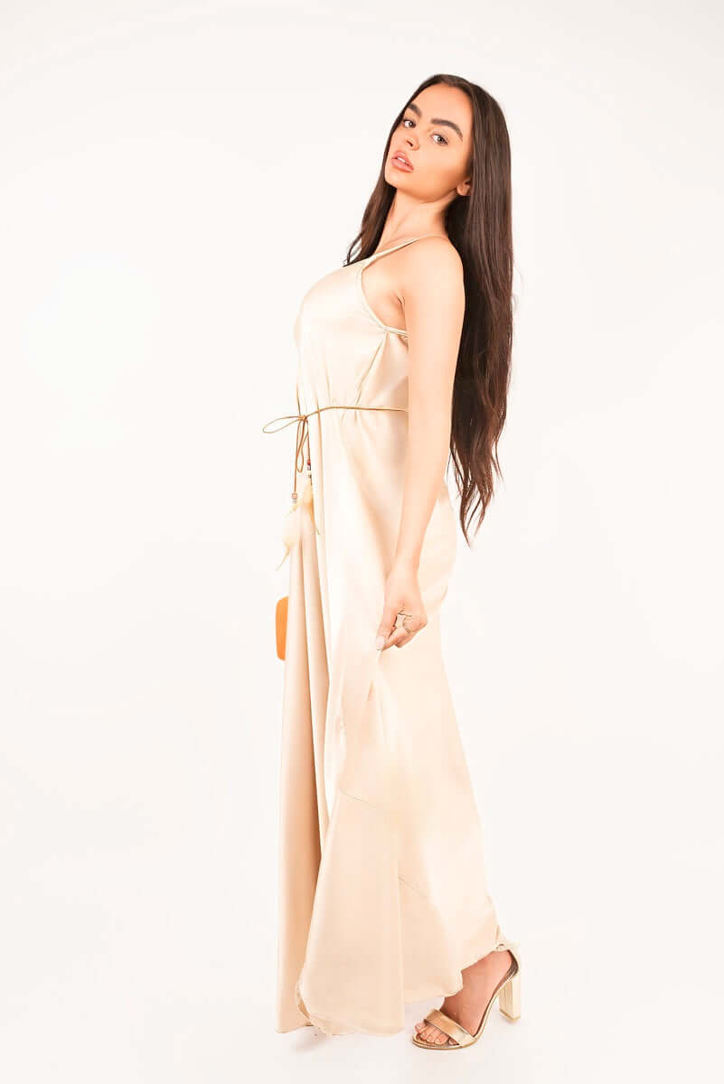 Strappy Maxi Dress with Feather Tie Waist by Moda