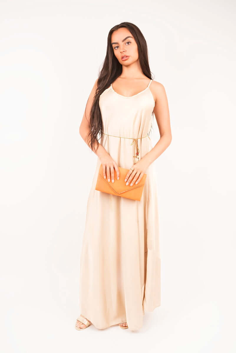 Strappy Maxi Dress with Feather Tie Waist by Moda