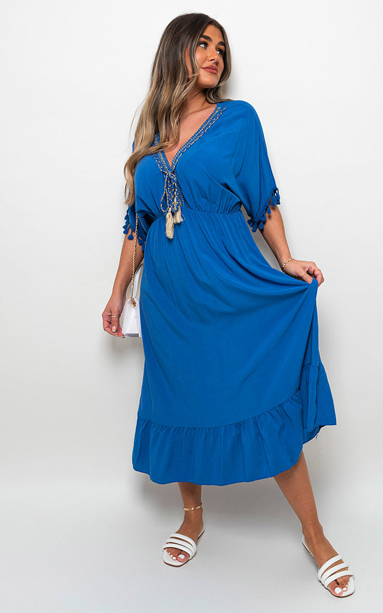 V-Neck Rope Tassel Detail Maxi Dress by Moda