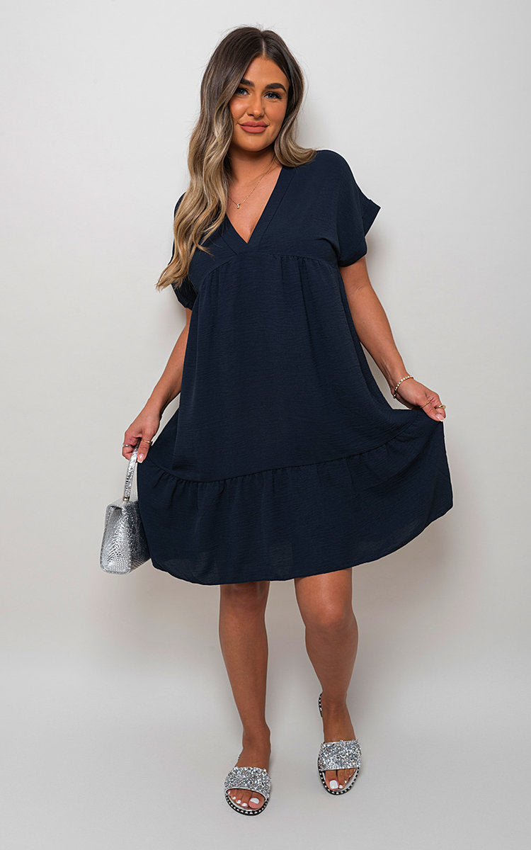 V Neck Tiered Smock Dress
