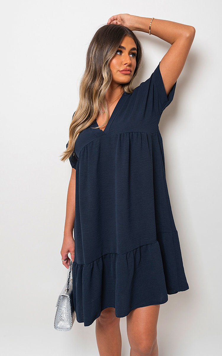 V Neck Tiered Smock Dress by Moda