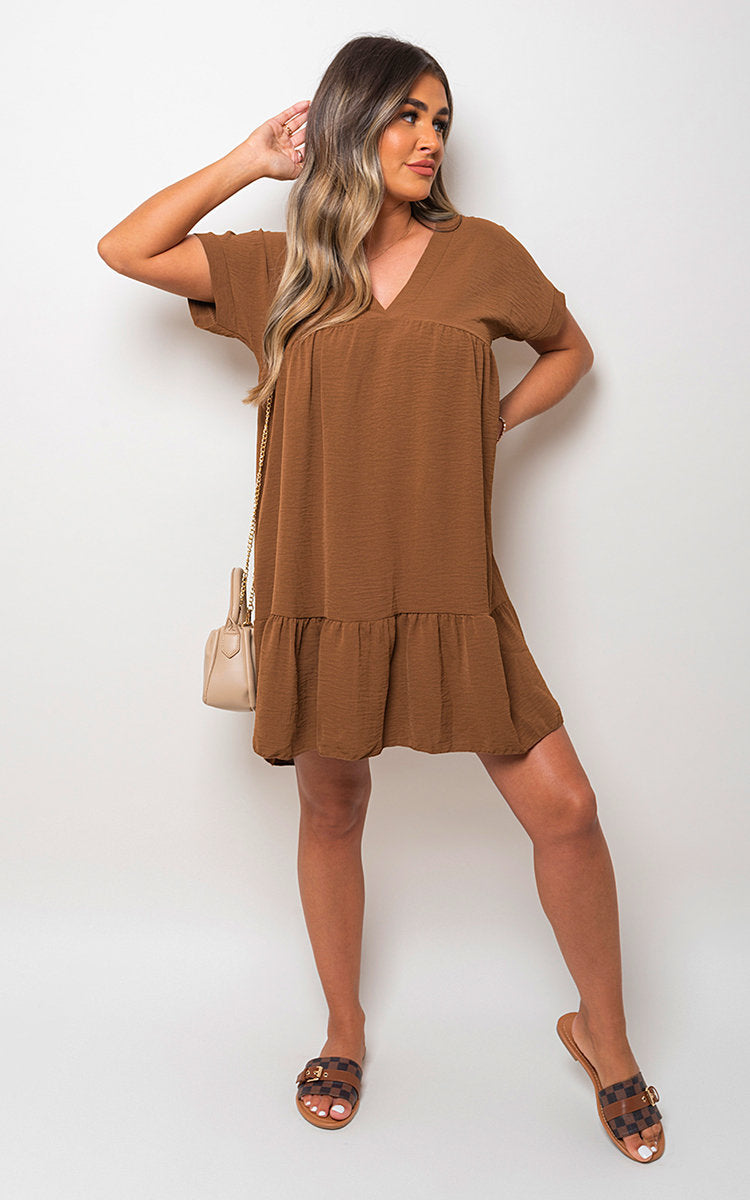 V Neck Tiered Smock Dress