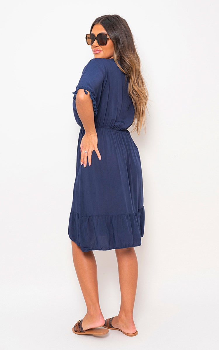 V-Neck Short Sleeve Midi Dress with Tassel Detail by Moda