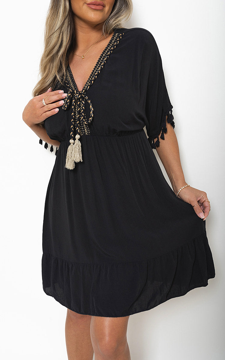 V-Neck Short Sleeve Midi Dress with Tassel Detail by Moda