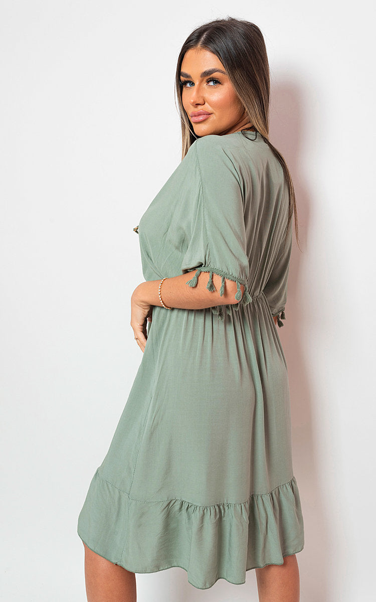 V-Neck Short Sleeve Midi Dress with Tassel Detail by Moda