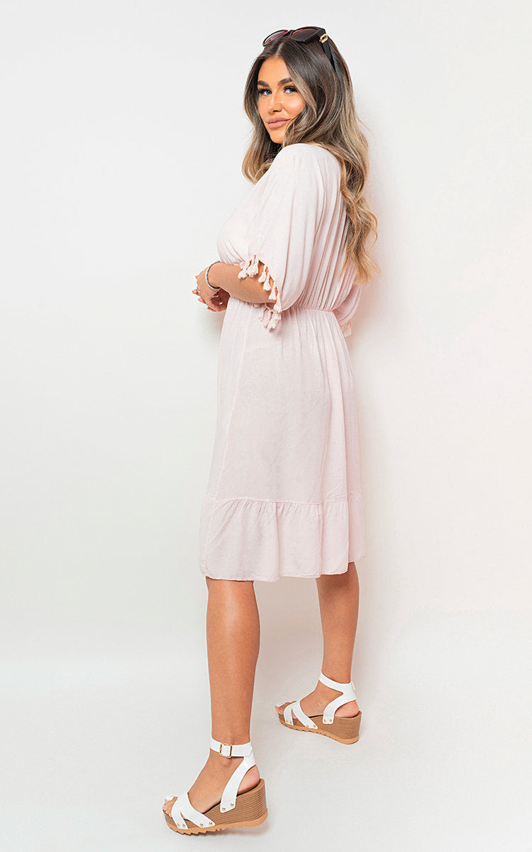 V-Neck Short Sleeve Midi Dress with Tassel Detail by Moda